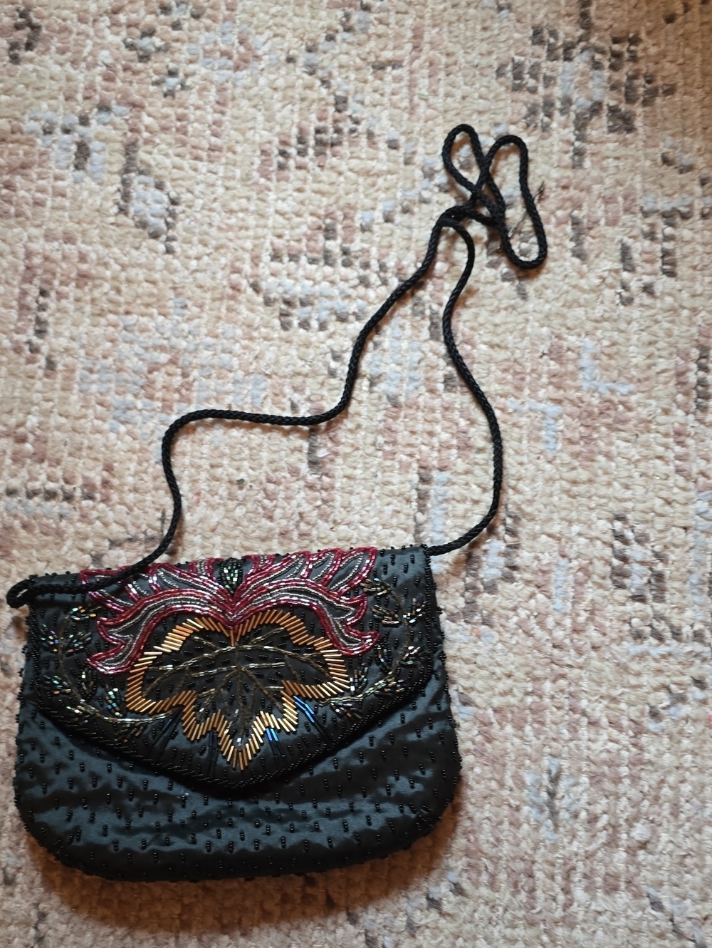Elegant Black Beaded Crossbody Bag with Multicolor Embroidery